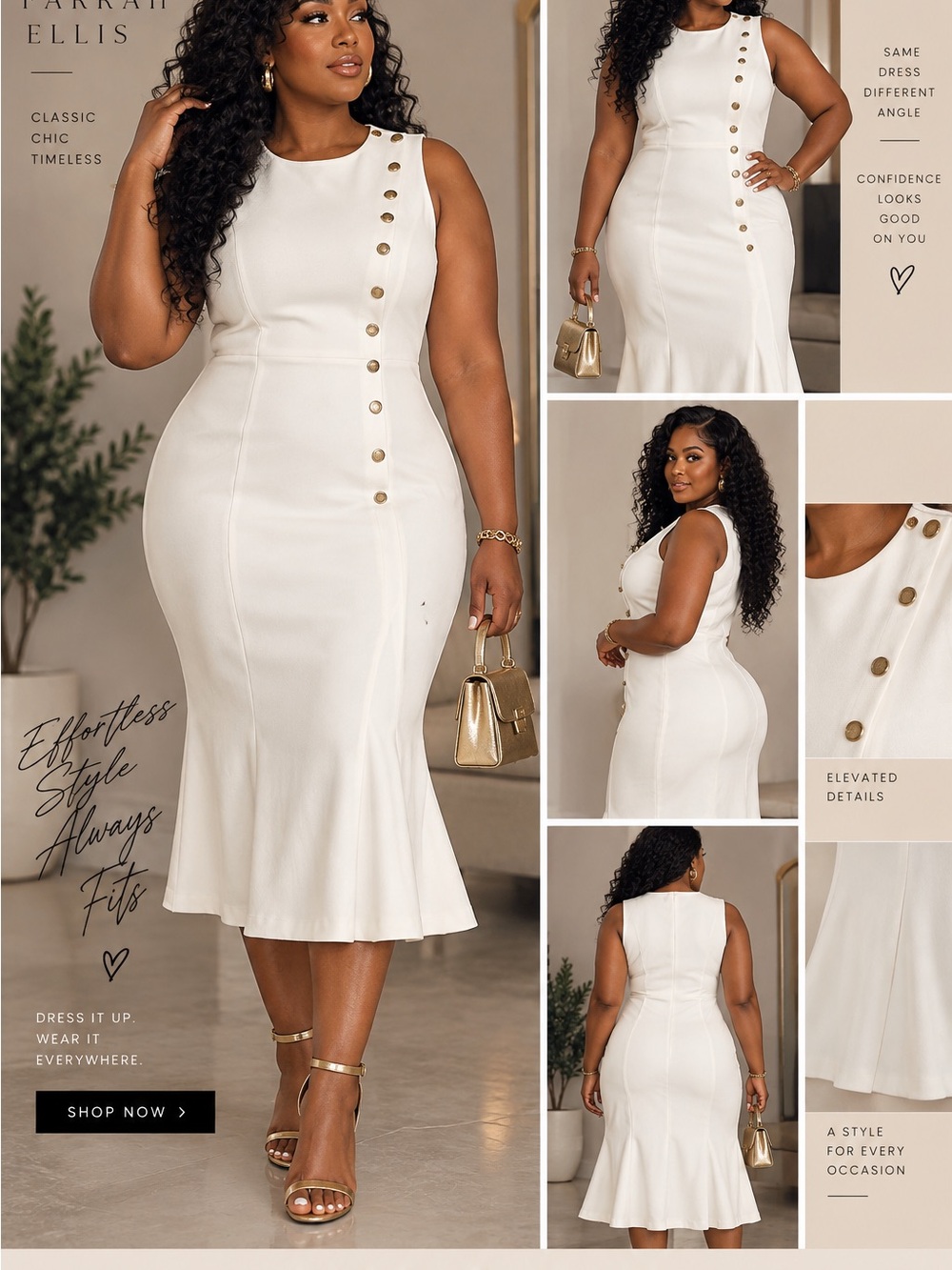 Banana Republic White Midi Sheath Dress with Gold Buttons